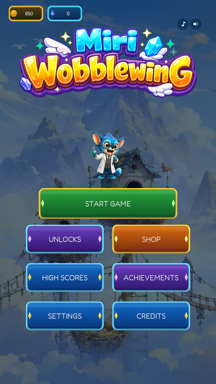 Miri WobbleWing final beta main menu with its colourful logo and navigation buttons