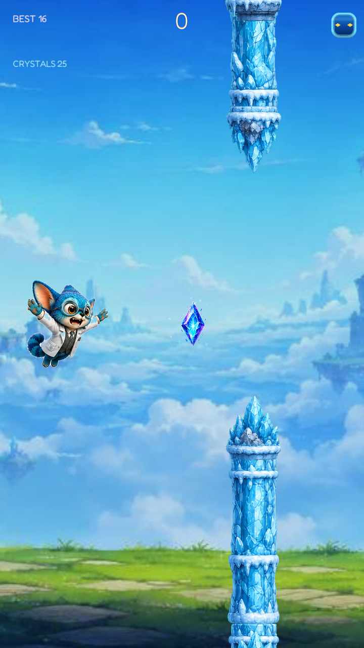 SkyGlide gameplay with Miri flying toward a sparkling crystal between icy pillars